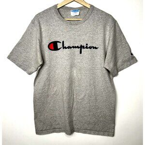 Champion Mens T Shirt Short Sleeve Vintage Tee Felt Logo Gray Size Large